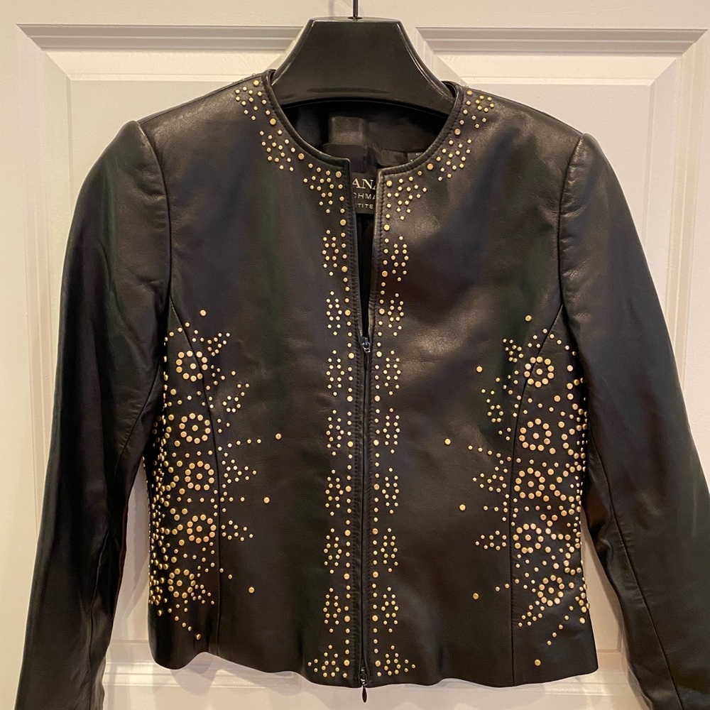 Vintage Dana Buchman Petite Black Leather Jacket with Gold-tone stud detailing